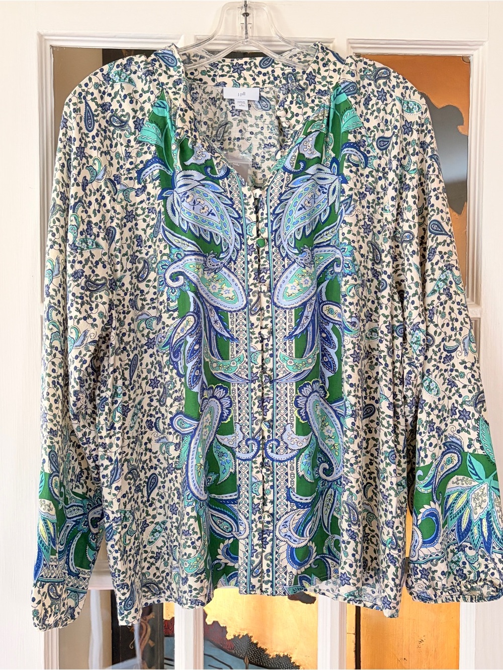 NWT J. Jill Paisley Split Neck Blouse Top Size LP Green Blue Beige